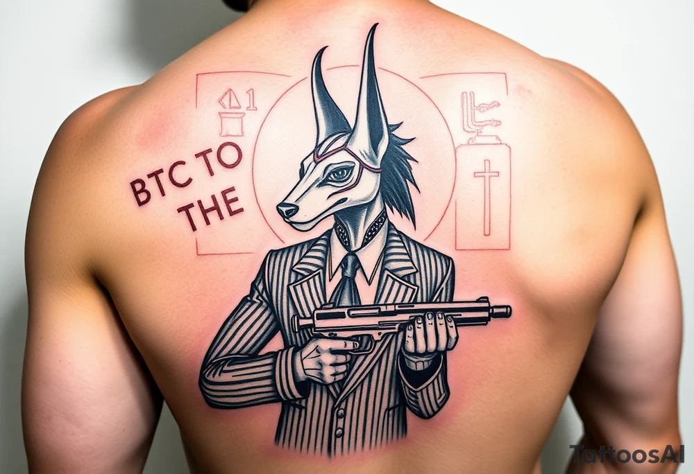 "Anubis in a 1920s gangster pinstripe suit, holding a tommy gun. His jackal head is half-cyborg (exposed circuits). Hieroglyph background spells 'BTC TO THE MOON'.  

Style: Art Deco meets cyber-Egyptian. Black/red/gold ink. Forearm sleeve." tattoo idea