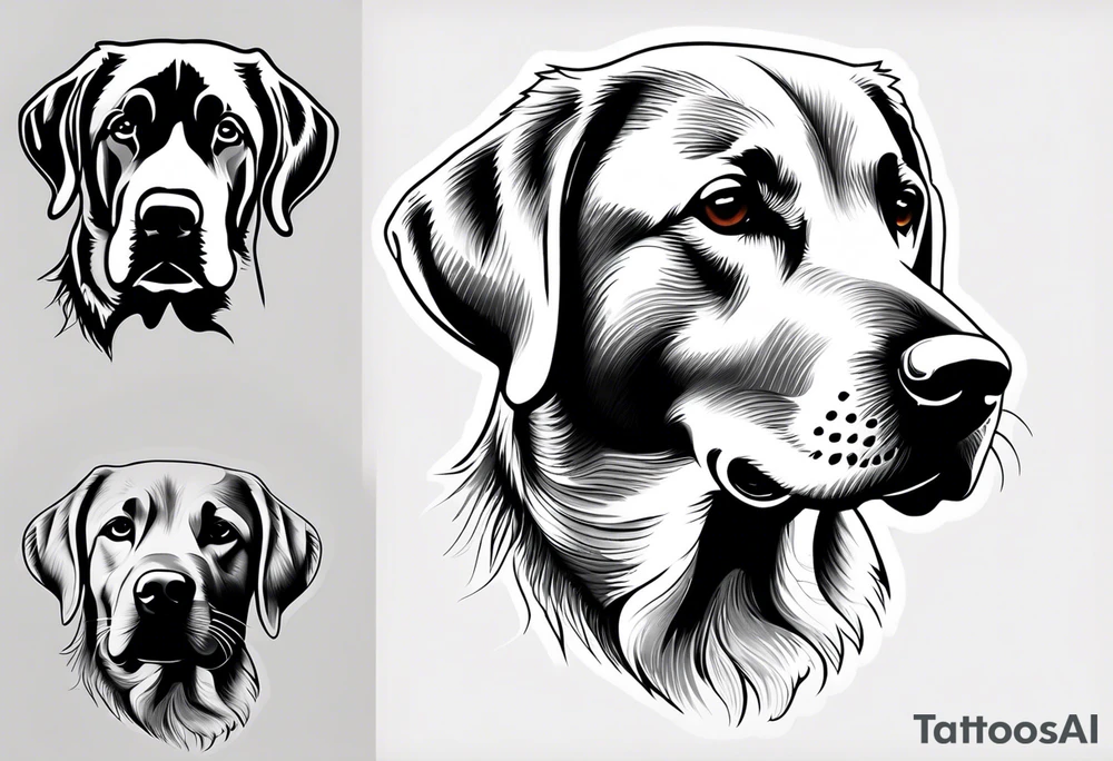 Create a tattoo of a silver labrador's face inside of a paw print in a realism tattoo style. tattoo idea