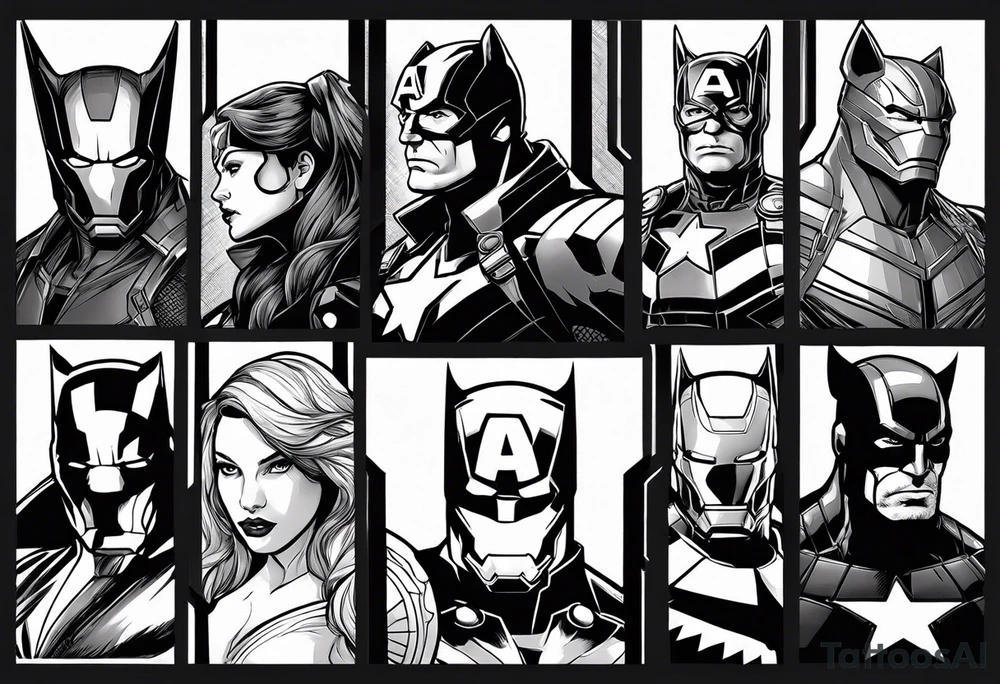 I want to change Avengers Team characters with animals. Hulk will be Badger, Thor will be Alpha Grey Wolf, Captain America will be Bull, Iron Man will be Canary, Black Widow will be Axolotl, Hawk Eye will be Sudan Plated Lizard and Nick Fury will be Cat. tattoo idea