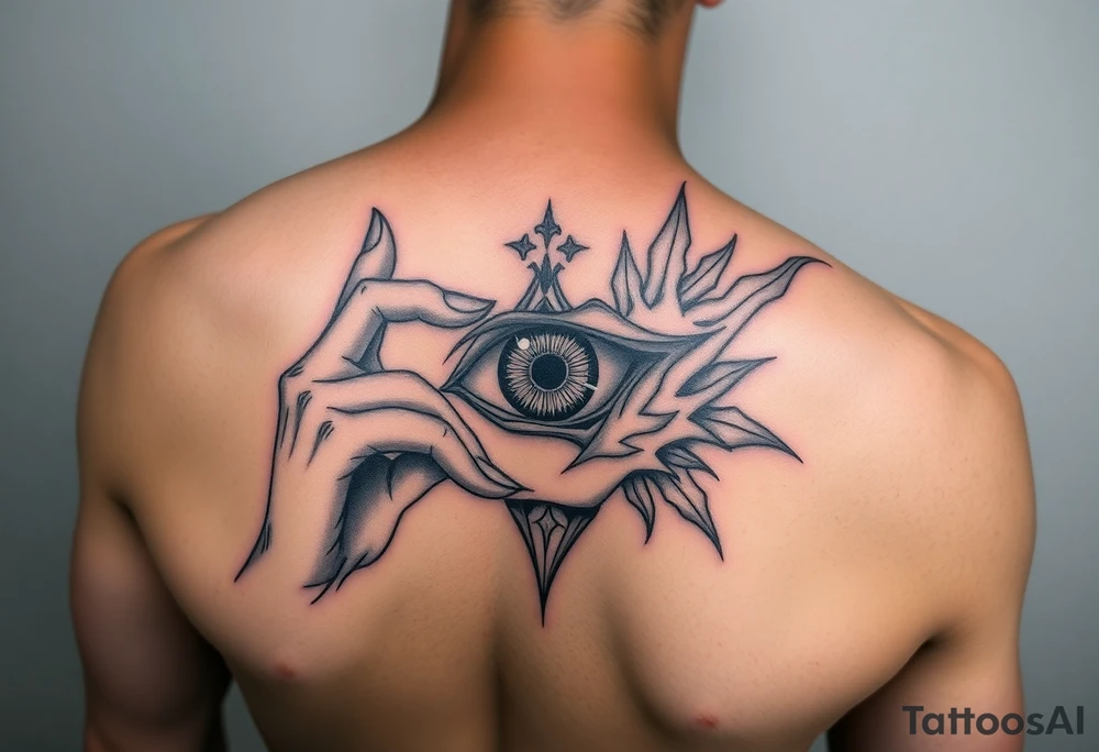 create me a sauske tattoo from Naruto where he is holding his eye and rinnegon in his other tattoo idea