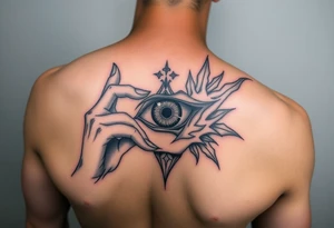 create me a sauske tattoo from Naruto where he is holding his eye and rinnegon in his other tattoo idea