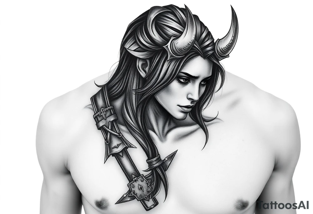 Feminine Tattoo dark female warrior with realistic horns just barley touching collarbone with a lot of shading tattoo idea