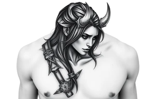 Feminine Tattoo dark female warrior with realistic horns just barley touching collarbone with a lot of shading tattoo idea