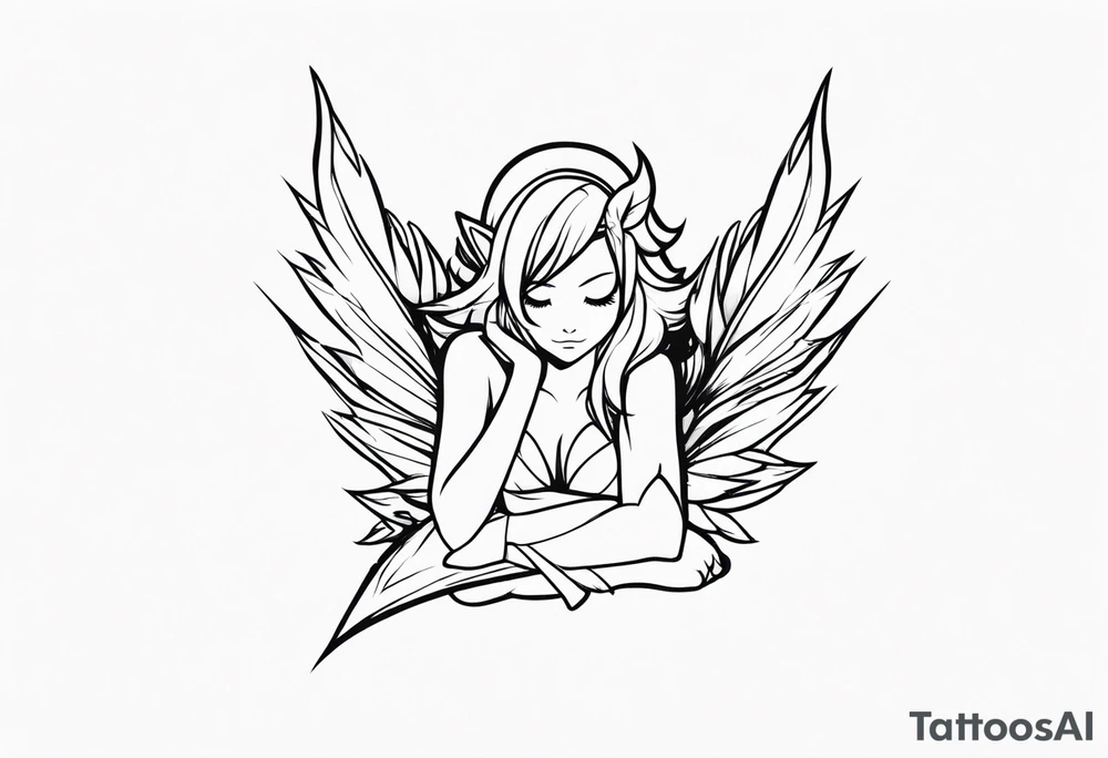 No color fairy with a tail inspired by the logo of the anime show called Fairy Tail in a fetal position leaning in and forward while sleeping tattoo idea