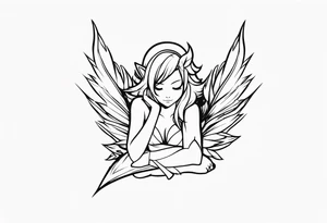 No color fairy with a tail inspired by the logo of the anime show called Fairy Tail in a fetal position leaning in and forward while sleeping tattoo idea