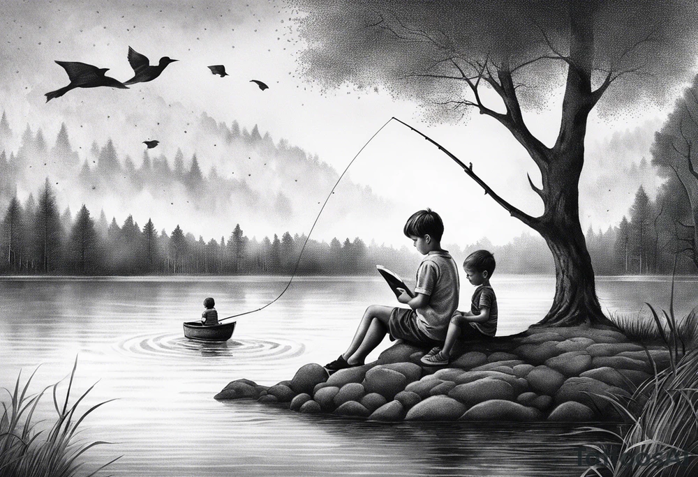 forearm tattoo set on a lake. There is a little boy sitting next to a little girl. The little boy is fishing and the little girl is reading. There are trees surrounding the lake. tattoo idea