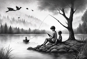 forearm tattoo set on a lake. There is a little boy sitting next to a little girl. The little boy is fishing and the little girl is reading. There are trees surrounding the lake. tattoo idea