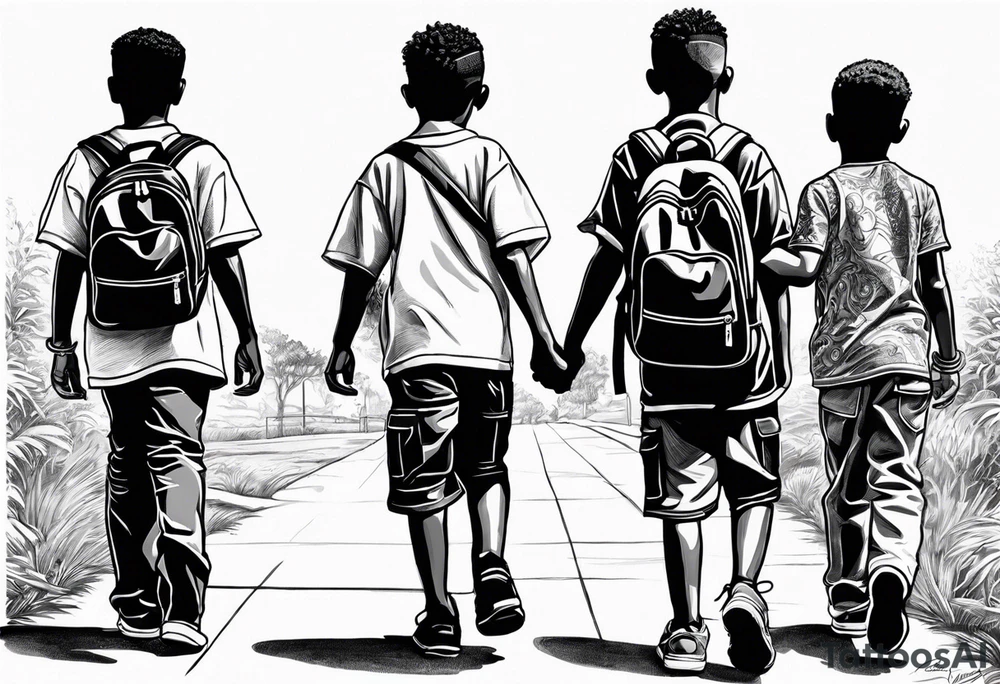 full bodies of 3 black school age boys walking away together and one is looking to the side at the one in the middle tattoo idea
