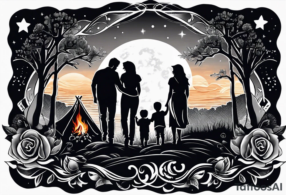 Tattoo of a family of four on a male forearm 
- dad, mom and two boys around a campfire.  Background is a sunset at the bottom, night at the top with a big beautiful moon. tattoo idea