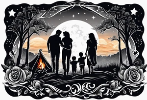 Tattoo of a family of four on a male forearm 
- dad, mom and two boys around a campfire.  Background is a sunset at the bottom, night at the top with a big beautiful moon. tattoo idea