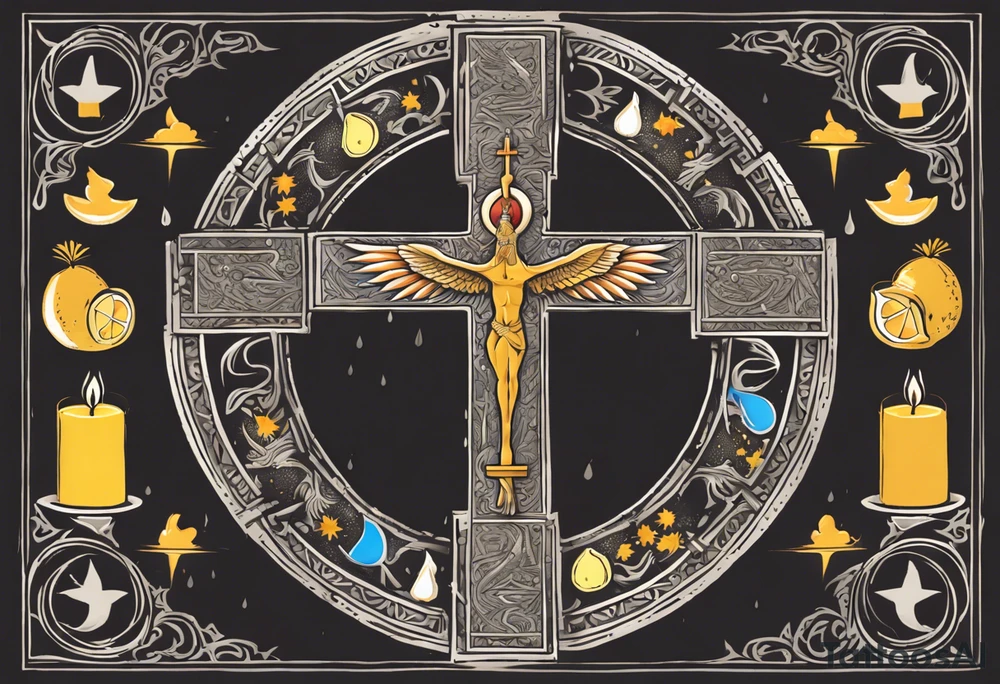 A medieval cross with an assyrian flag in the middle. A crown om top of the cross. The assyrian king Sennacherib. A sun and a moon. A cloud with rain and thunder. charizard. an imperfect cirkle. a candle. a swan. lemons. the god asshur with wings. an ankh. angel wings with a halo. surrounded by olive branches and feathers. tattoo idea