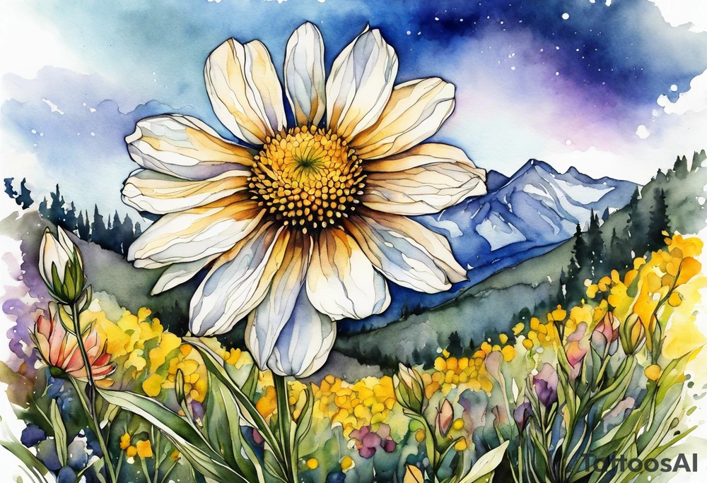 4-6in in length line - wildflower in watercolor represents overcoming challenges & strength - mountains, waves with a little sunshine tattoo idea