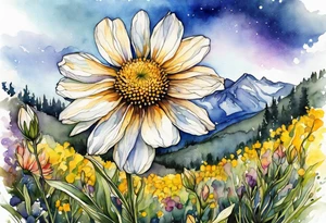 4-6in in length line - wildflower in watercolor represents overcoming challenges & strength - mountains, waves with a little sunshine tattoo idea
