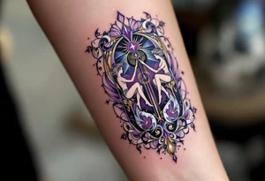 An elegant tarot card featuring the Gemini symbol, with rich purple, silver, and gold detailing. tattoo idea