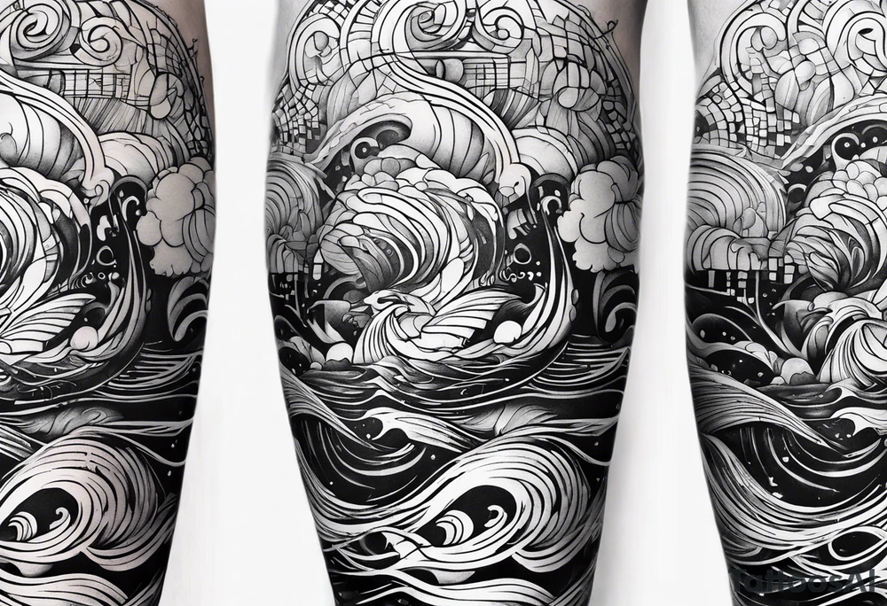 A forearm tattoo about electronic music mixed with the water of the ocean, abstract tattoo idea