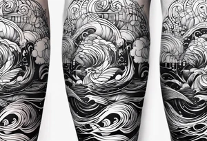 A forearm tattoo about electronic music mixed with the water of the ocean, abstract tattoo idea