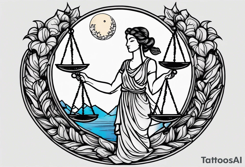 Themis holding the scales of justice while blindfolded with a moon in the background in color tattoo idea