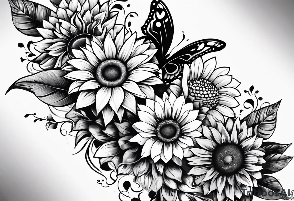 arm sleeve with winged cross, rainbow sunflowers and butterflies tattoo idea