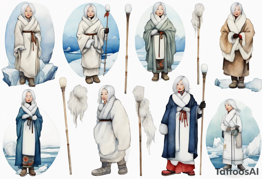 a 40 year old Inuit woman with white hair and a white robe and white mittens and mukluks holding a plain white staff, standing on an iceberg tattoo idea