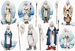 a 40 year old Inuit woman with white hair and a white robe and white mittens and mukluks holding a plain white staff, standing on an iceberg tattoo idea