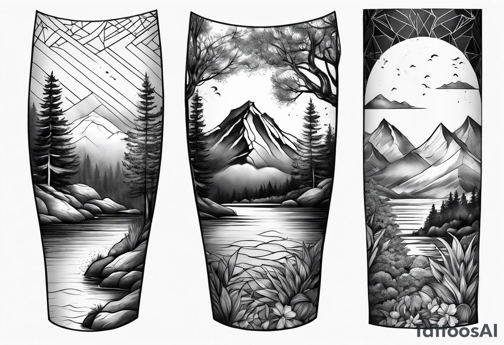 Mountain ocean forest leg sleeve tattoo idea