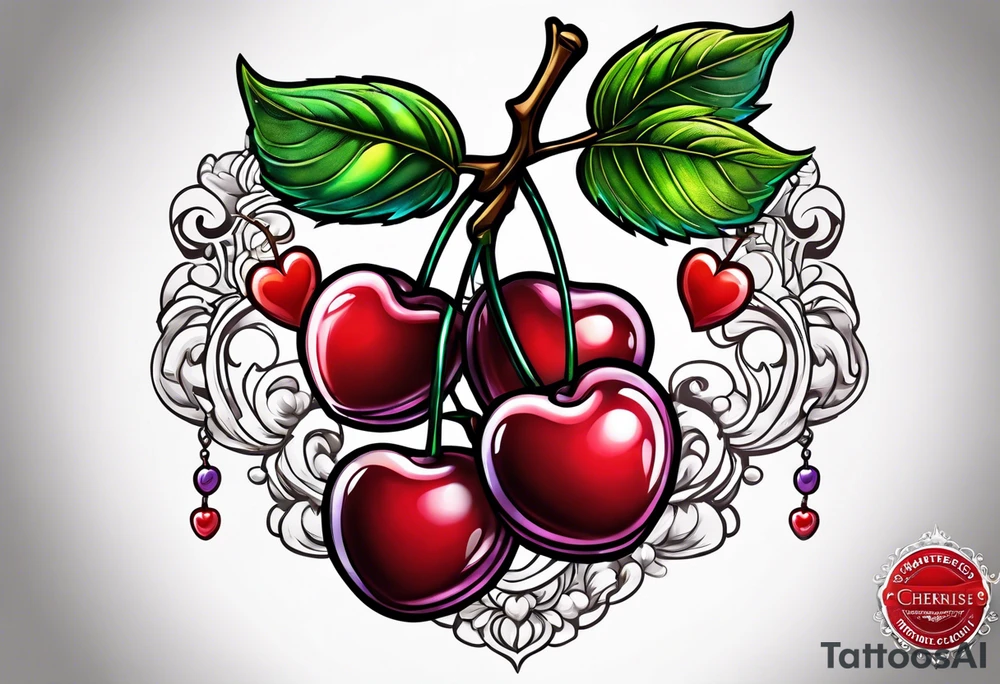 Cherries with ribbon and love heart candy tattoo idea