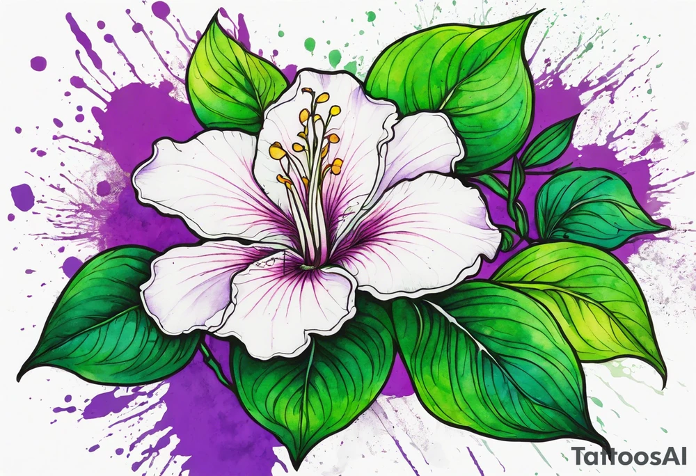 An outline of an only green rio dipladenia flower and a green and purple watercolor splash in the background tattoo idea