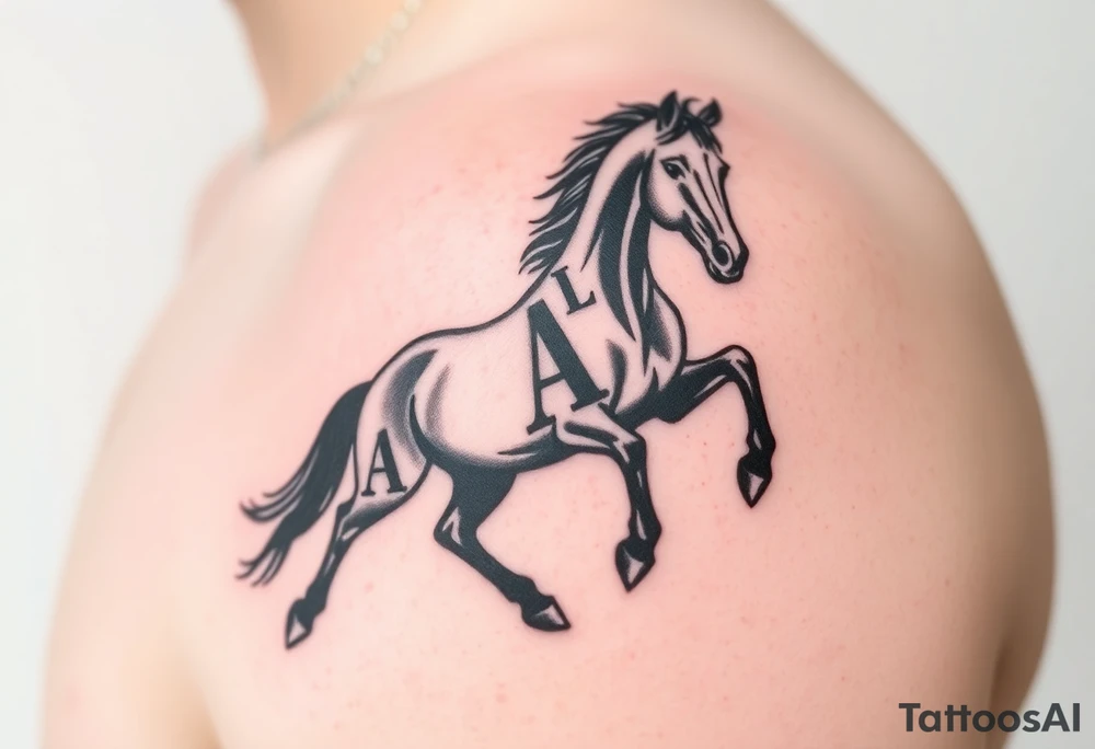 horse silhouette 
from the front which gallops from the front, with the 3 small letters discreetly integrated: L, A, M tattoo idea