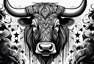 Large bull with horns busting through crowd of people tattoo idea