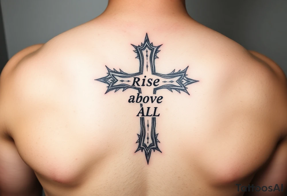 cross tattoo with thorns saying rise above all tattoo idea