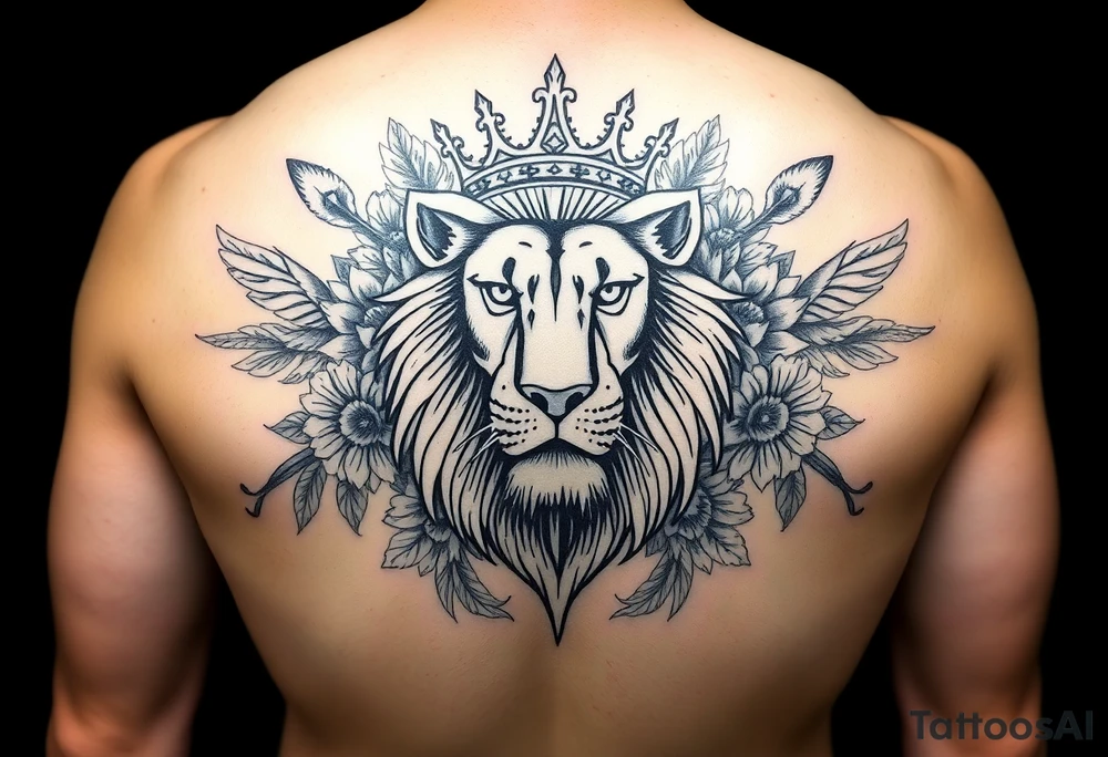 powerful majestic lion with a crown, surrounded by floral ornaments and birds tattoo idea