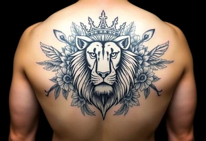 powerful majestic lion with a crown, surrounded by floral ornaments and birds tattoo idea
