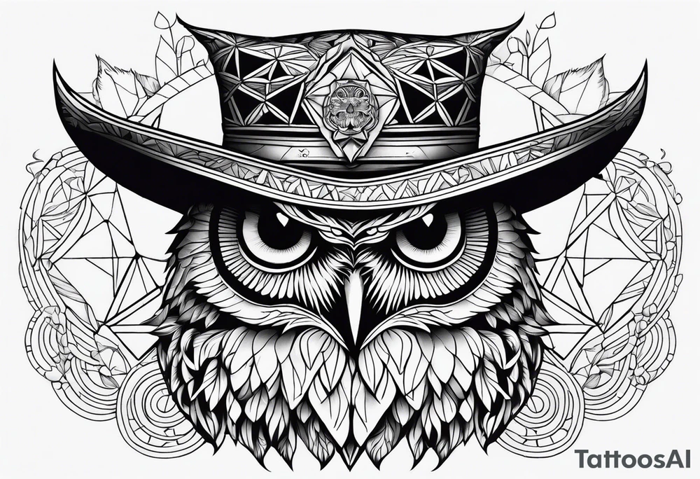 Owl rainbow pirate hat geometric flower of life flowers tattoo idea