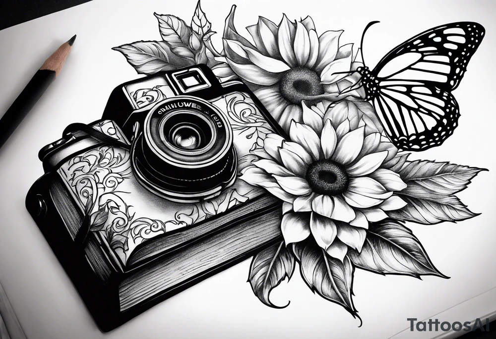 sunflower, camera, flower rose , book, butterfly tattoo idea