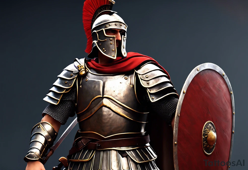 a roman soldier from AD 60, wearing armor which must include an armoured belt, breastplate, armoured shoes, shield, helmet and sword.
the soldier must look strong. the soldier is faceless. The image must include the full person, not just the top half. The soldier is mid-battle, fending off flaming arrows with his sheild tattoo idea
