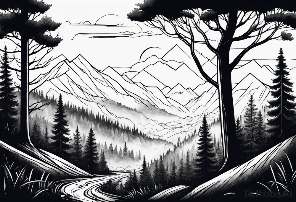 forest along the edges where there are fires below and in the distance with full trees tattoo idea
