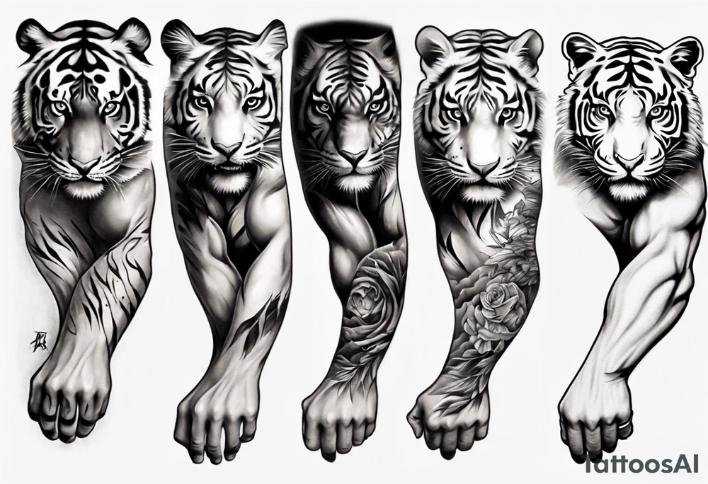 half tiger half human arm sleeve realistic tattoo idea