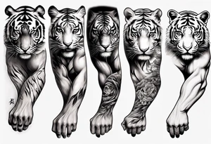 half tiger half human arm sleeve realistic tattoo idea