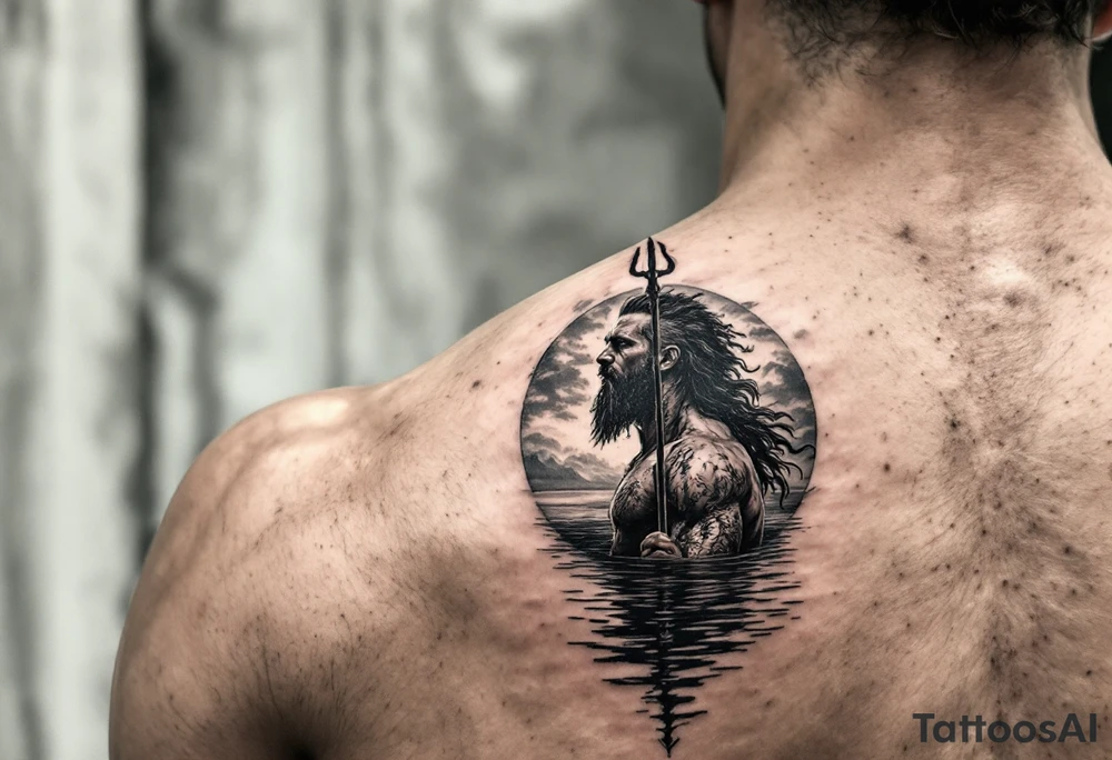 fit poseidon, with trident, in calm water, looking at the sky tattoo idea