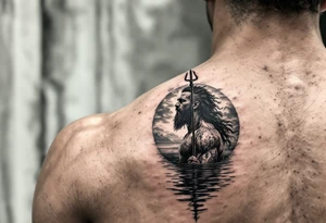 fit poseidon, with trident, in calm water, looking at the sky tattoo idea