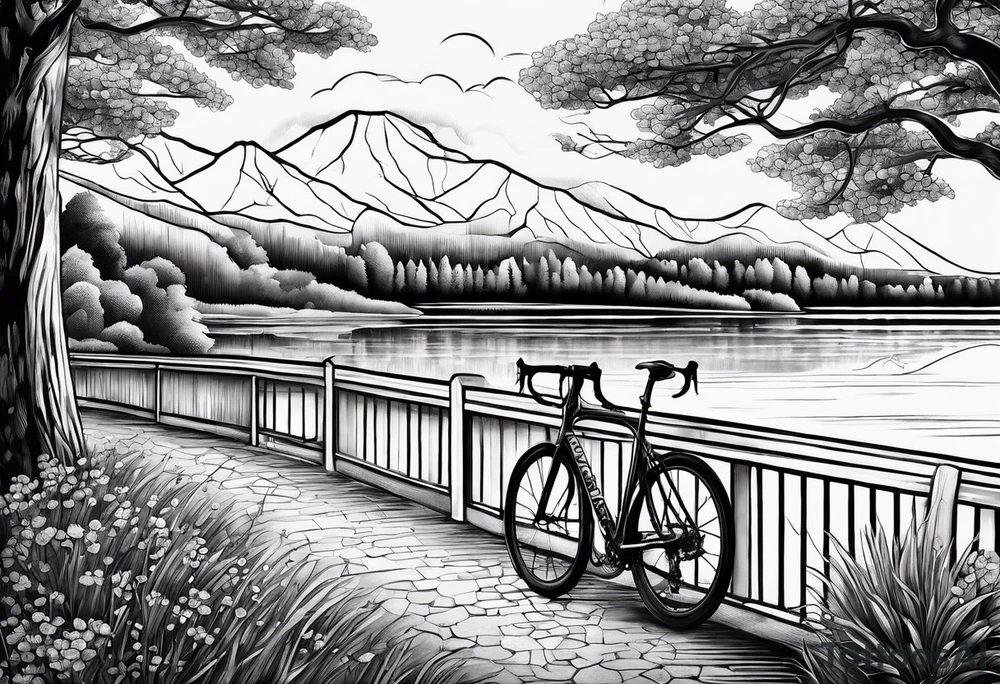 road 
cycling against the backdrop of  a beautiful, serene lake tattoo idea