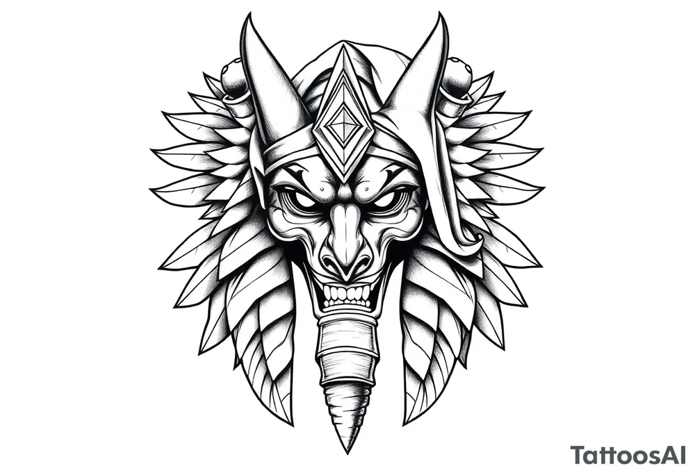powerful majestic muscle anubis Egyptian god face mix with joker
without eyes with mantle on head tattoo idea