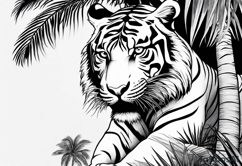 tiger climbing palm tree tattoo idea