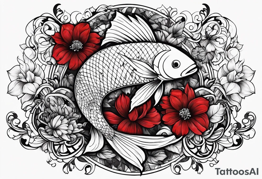 pisces with black and red flowers with geometric designs tattoo idea