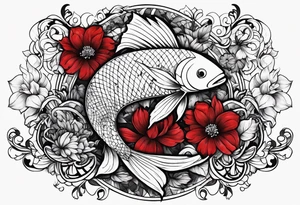 pisces with black and red flowers with geometric designs tattoo idea