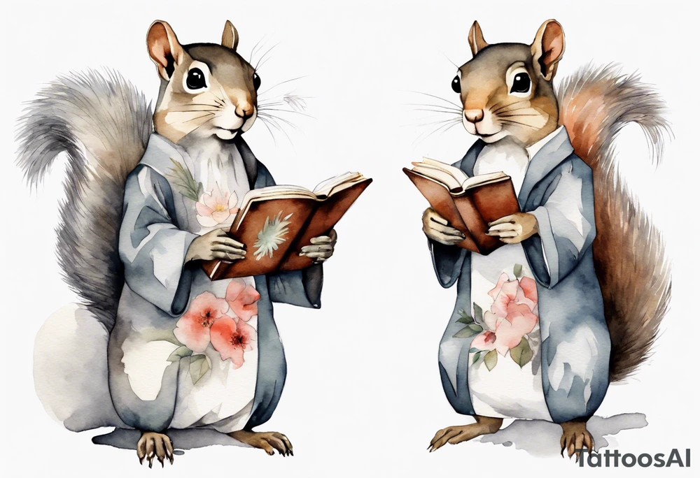 a grey squirrel dressed in a tunic holding a closed book closed tattoo idea