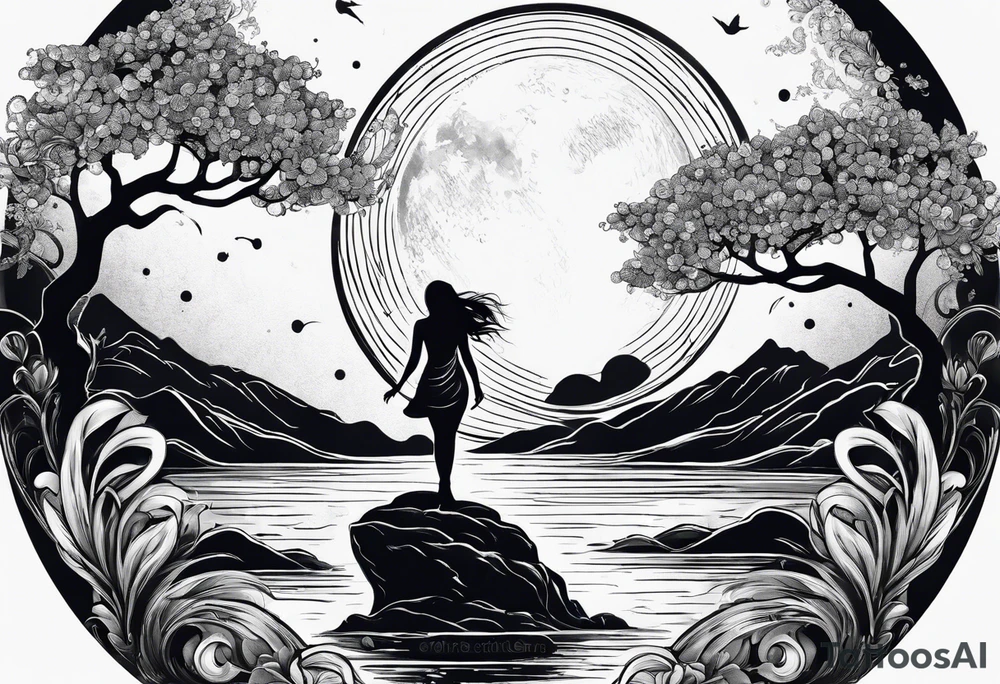 Silouhette of two people on water with moon tattoo idea