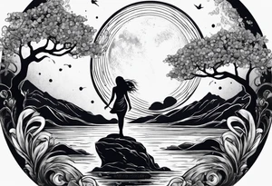 Silouhette of two people on water with moon tattoo idea