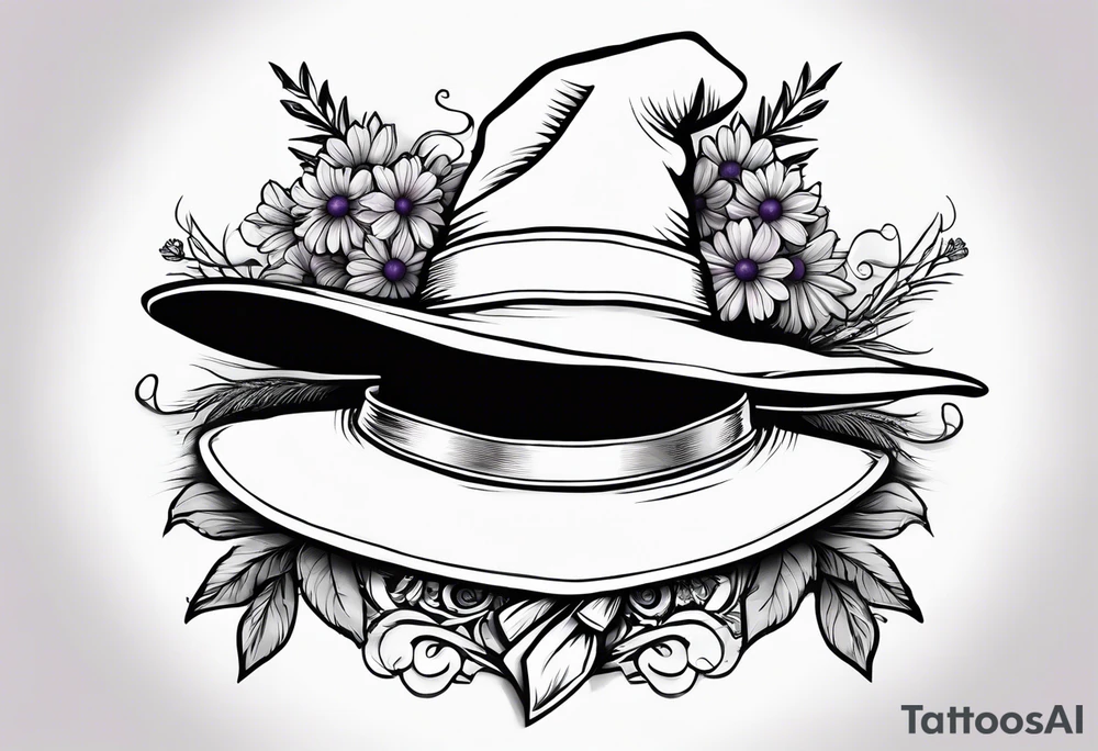 A witch hat tattoo with two ribbons coming down to form a loose bow and daisies and lavender adorning the brim tattoo idea