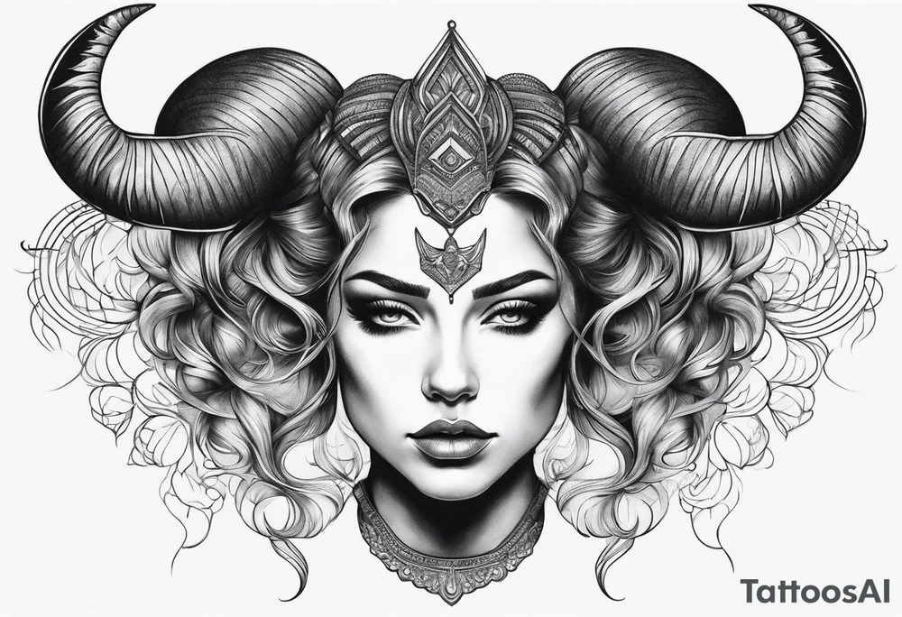 symmetrical woman head with curved horns facing downwards dark realism looking front facing view tattoo idea